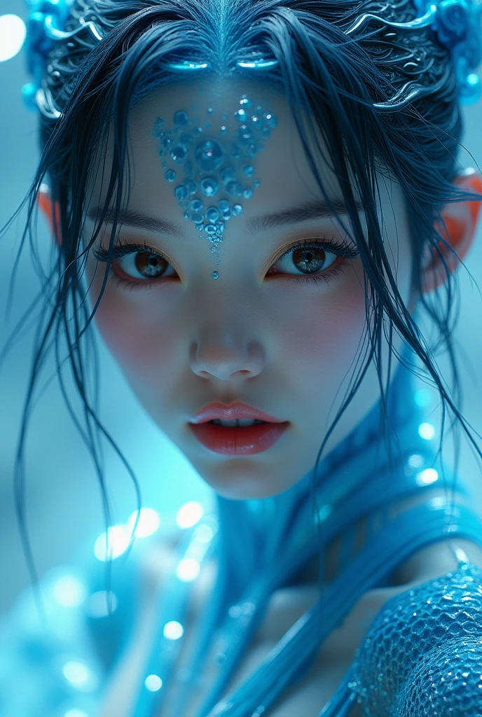 A close-up of a statue of a woman with a blue body, water elemental, water demon, asian female water elemental, luminous water elemental, iridescence water elemental, serpentine water monster, beautiful biomechanical djinn, Water armor, hybrid snake woman, mermaid cyborg with a laser whip,  sorceress, splash screen character art