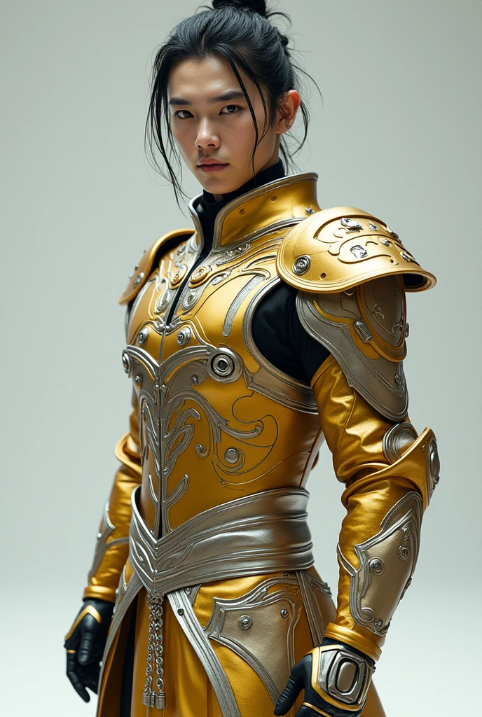 Alien technology male martial arts costume , fashion photography,Gold and silver clothing , sharp eyes,Inspired by Chinese Xianxia and Cyberpunk。(best quality,4K,8K,high resolution,masterpiece:1.2), (Practical,Reality,Photo-real:1.37). information