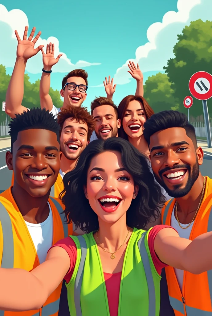 Men and women taking selfie together happily with parking signs, without helmets and with orange and green safety vests in animated illustration mode
