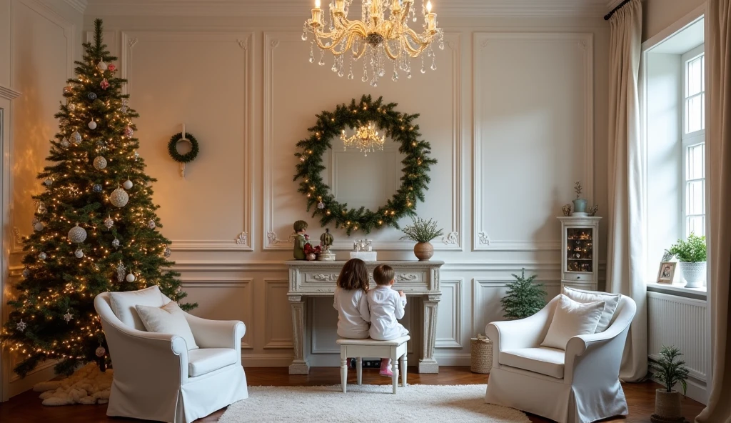 Provencal style Christmas room with wall piano, tree, beautiful chandelier, side window, all white armchair family playing


