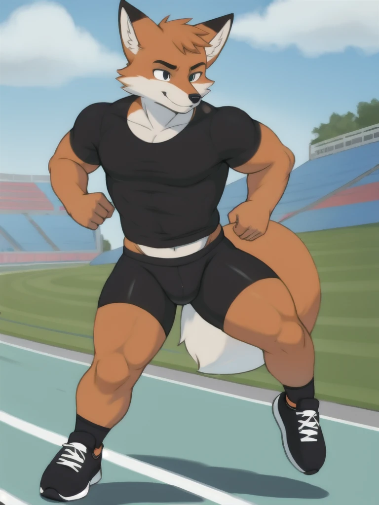 Furry, fox, male, black shirt, black spandex bike shorts, shoes, running track, solo, full body