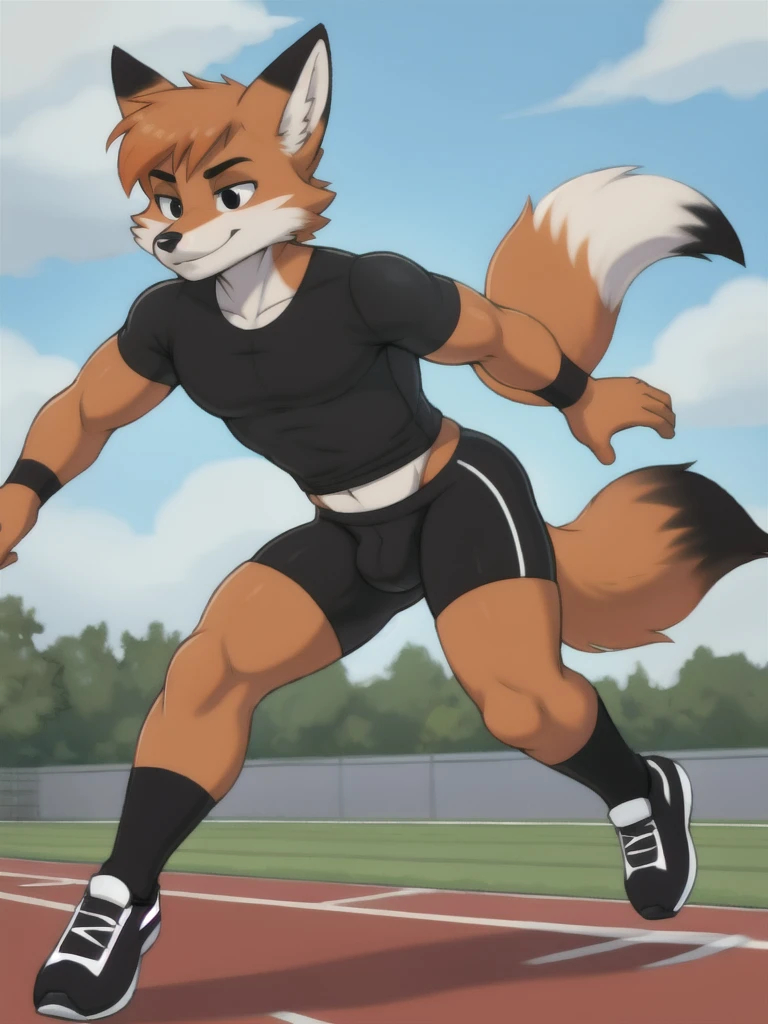 Furry, fox, male, black shirt, black spandex bike shorts, shoes, running track, solo, full body