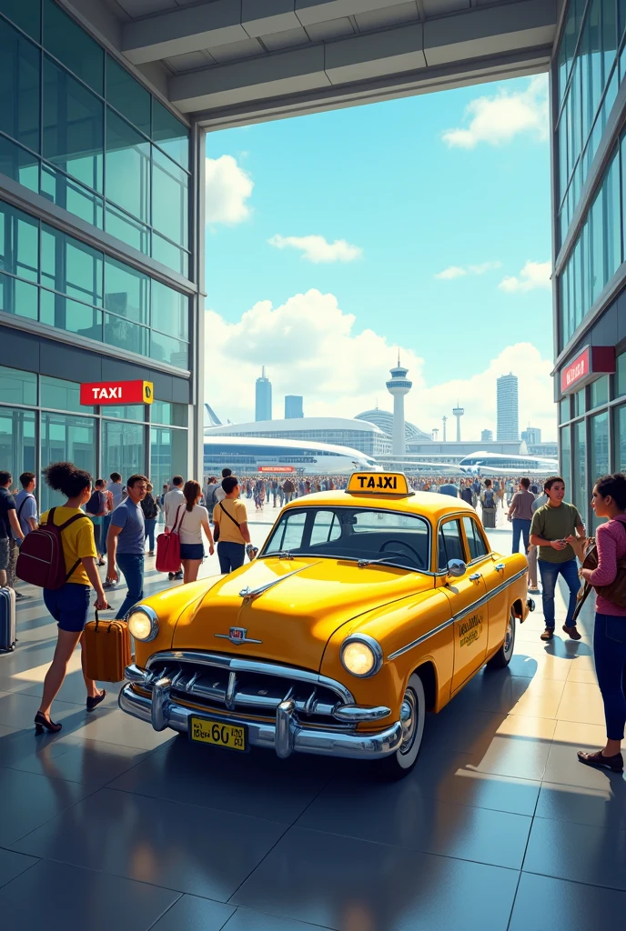 Create the image of A taxi picking up passengers at the airport entrance.