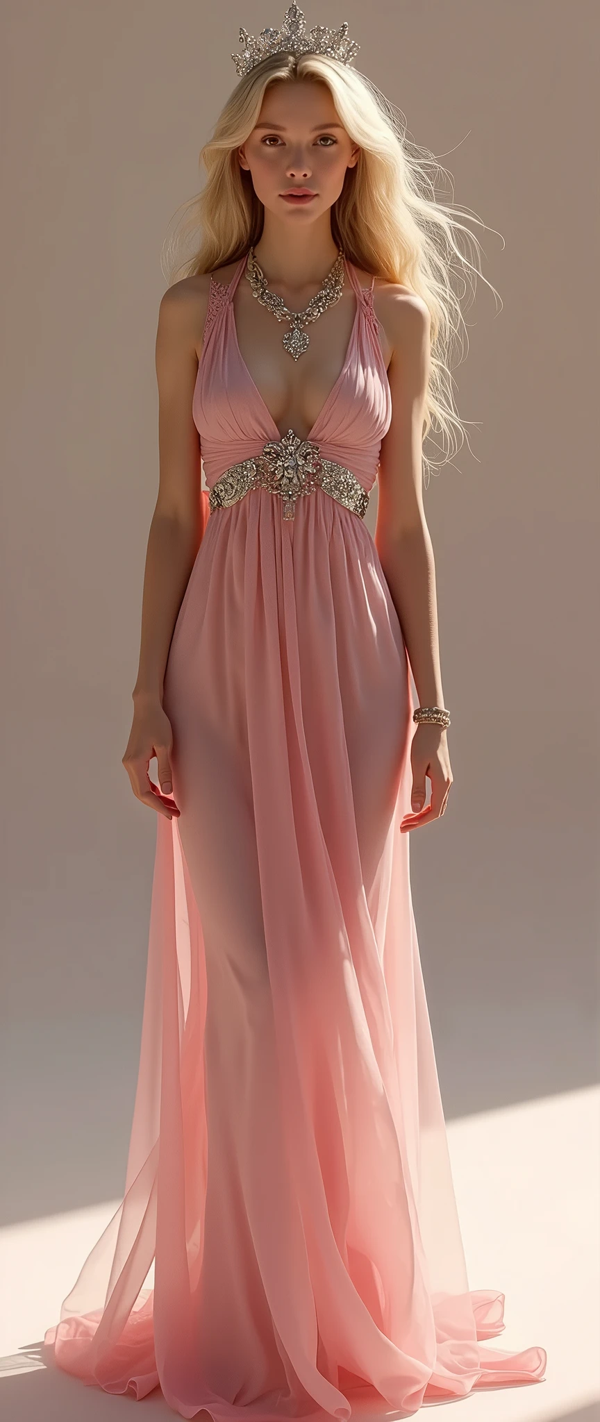 1 girl in, 20 year, royal mackup, standing alone, long hair, Colossal , looking ahead at viewer, hair blonde, hair blonde, topless, brown eyes, jewelry, whole body, a necklace, pink silk dress, realistic, A sexy, small breast, visible breast, breast nipples, royal family, princess, 
