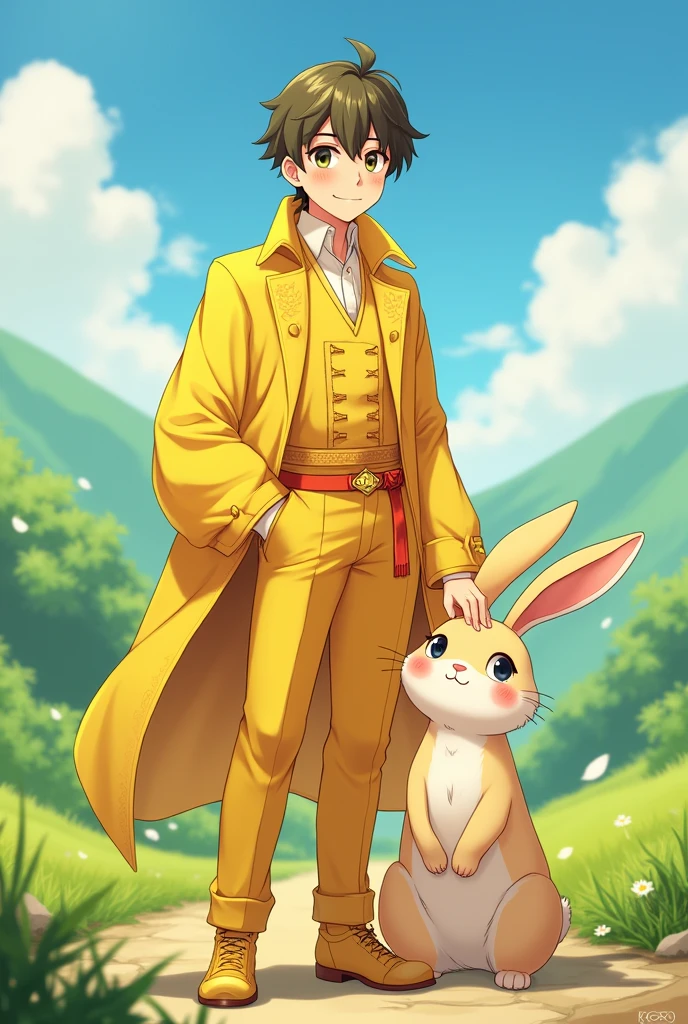 (anime)
Create the prince of fruits A sweet-looking human man dressed in yellow accompanied by his pet, a rabbit