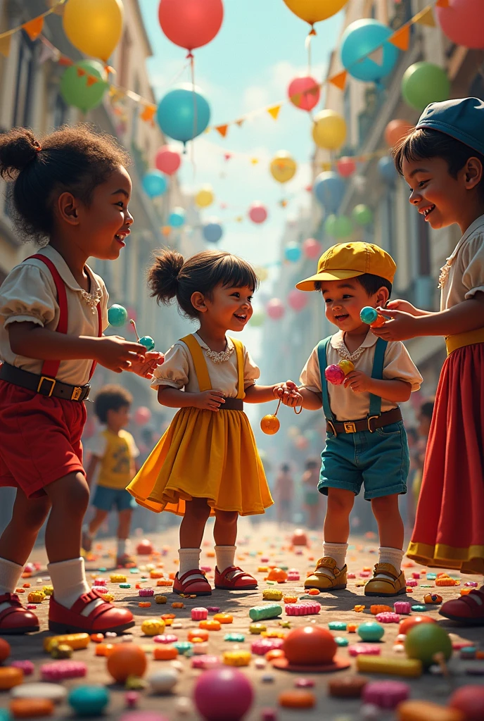 Children playing and eating sweets , Cosme and Damião camdomble joy fun and sweets, colorful image and lots of balloons noisy toys on the floor clothes from 500 years ago pacifiers and baby bottles Pigtails in girls&#39; hair and caps on boys 