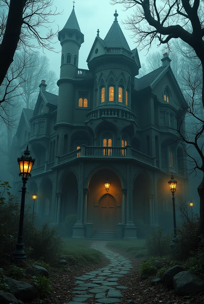 A dark manor with twisted architecture, haunted by demonic entities, overgrown with sinister vines, moody lighting, gothic details, dramatic shadows, intricate ornamentation, haunting atmosphere, occult symbols, ominous presence, unsettling ambiance, cinematic composition, rich color palette, chiaroscuro lighting, dramatic angles, photorealistic, masterpiece