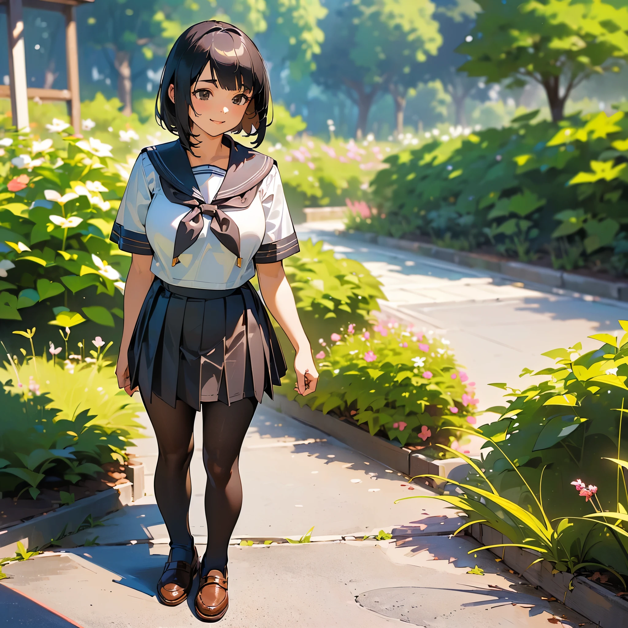 (Highest quality, High resolution, Super detailed, Realistic:1.37), Peaceful atmosphere, (Outdoor, garden), age girl standing alone,(my breasts are big.),Beautifully detailed features, Cute Smile, ((Black bob hair)),Short-sleeved sailor uniform, Pleated skirt,Black tights,Brown leather shoes.