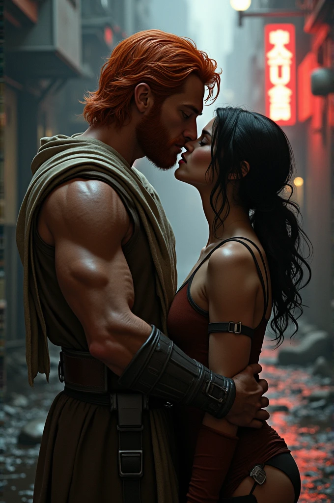 Male Red haired Jedi hugs a female blackhaired bounty hunter very tight, their lips intertwined and his hand on her cheek