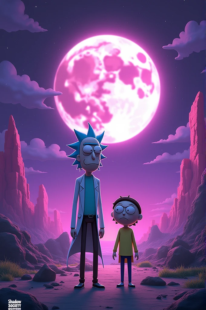Rick and morty with moon and purple background with title called shadow society studio