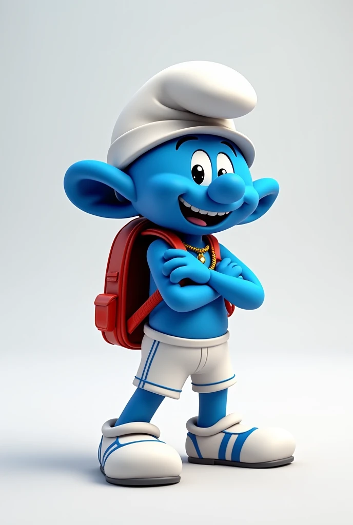 Create a smurf image, as a mascot, marrento, with gold chain around his neck, backpack on back, with futsal player shorts, crossed arms, simple smile