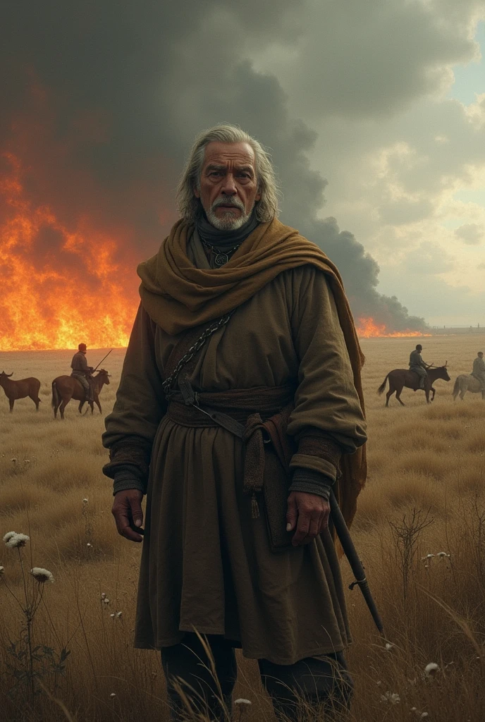 "A desolate landscape where disaster strikes. Jó’s vast herds of livestock are being stolen by bandits, and his fields are burning. In the distance, a violent storm approaches, while Jó, standing in the foreground, receives the terrible news from panicked messengers. The expression on Jó’s face is one of shock and sorrow, as he watches his world collapse around him."