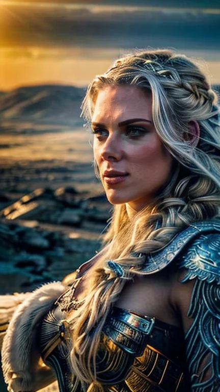 beautiful detailed eyes, beautiful detailed lips, extremely detailed eyes and face, long eyelashes, high fantasy, nordic warrior woman, tall, large blue eyes, long blonde braided hair, wearing winged horned war helmet, riding a white winged horse, (best quality,4k,8k,highres,masterpiece:1.2),ultra-detailed,(realistic,photorealistic,photo-realistic:1.37),concept art, cinematic lighting, dramatic, epic, intricate details, vivid colors, dramatic colors, fantasy landscape, golden hour lighting