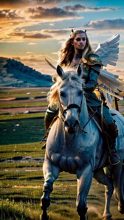 beautiful detailed eyes, beautiful detailed lips, extremely detailed eyes and face, long eyelashes, high fantasy, nordic warrior woman, tall, large blue eyes, long blonde braided hair, wearing winged horned war helmet, riding a white winged horse, (best quality,4k,8k,highres,masterpiece:1.2),ultra-detailed,(realistic,photorealistic,photo-realistic:1.37),concept art, cinematic lighting, dramatic, epic, intricate details, vivid colors, dramatic colors, fantasy landscape, golden hour lighting