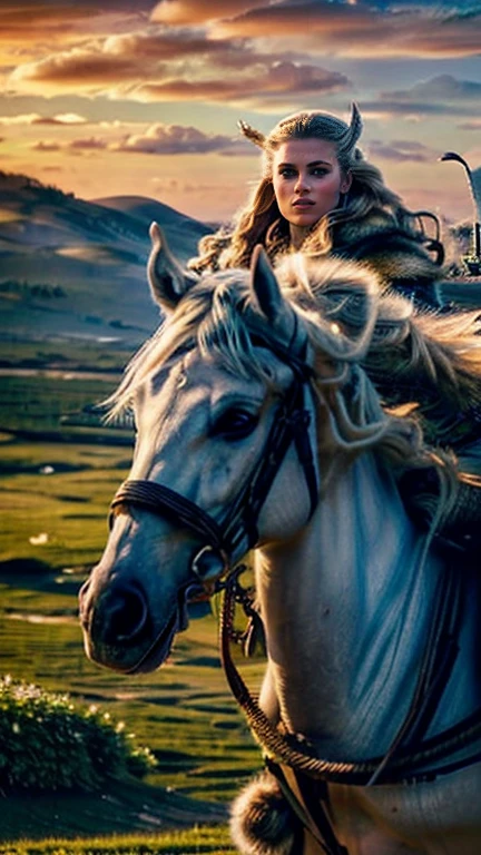 beautiful detailed eyes, beautiful detailed lips, extremely detailed eyes and face, long eyelashes, high fantasy, nordic warrior woman, tall, large blue eyes, long blonde braided hair, wearing winged horned war helmet, riding a white winged horse, (best quality,4k,8k,highres,masterpiece:1.2),ultra-detailed,(realistic,photorealistic,photo-realistic:1.37),concept art, cinematic lighting, dramatic, epic, intricate details, vivid colors, dramatic colors, fantasy landscape, golden hour lighting