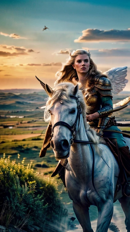 beautiful detailed eyes, beautiful detailed lips, extremely detailed eyes and face, long eyelashes, high fantasy, nordic warrior woman, tall, large blue eyes, long blonde braided hair, wearing winged horned war helmet, riding a white winged horse, (best quality,4k,8k,highres,masterpiece:1.2),ultra-detailed,(realistic,photorealistic,photo-realistic:1.37),concept art, cinematic lighting, dramatic, epic, intricate details, vivid colors, dramatic colors, fantasy landscape, golden hour lighting