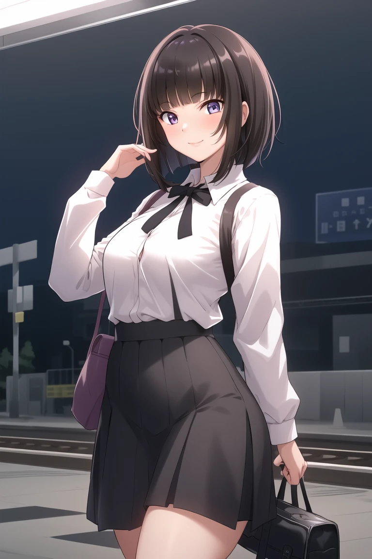 score_9, score_8_up, score_7_up, source_anime, best quality, amazing quality, absurdres, rating_safe, very aesthetic, 1girl, purple eyes, wariza, medium hair, bob cut with layers, black hair, portrait, starshadowmagician, solo, 1 girl, best perfect anatomy, thin, curvy body, medium breasts, close up shot on person, a girl showing happy, smile, blush, cowboys angle shot, looking at viewer, Hide your arms behind your back, standing pose, white long sleeve formal shirt, black tie, long black maxi skirts, black socks, Wearing a school hand bag, dynamic angle. perfect dynamic composition, foreshortening, night days, volumetric lighting, Detailed background, Cinematic lighting, Waiting train, train station, Stand on the platform,
