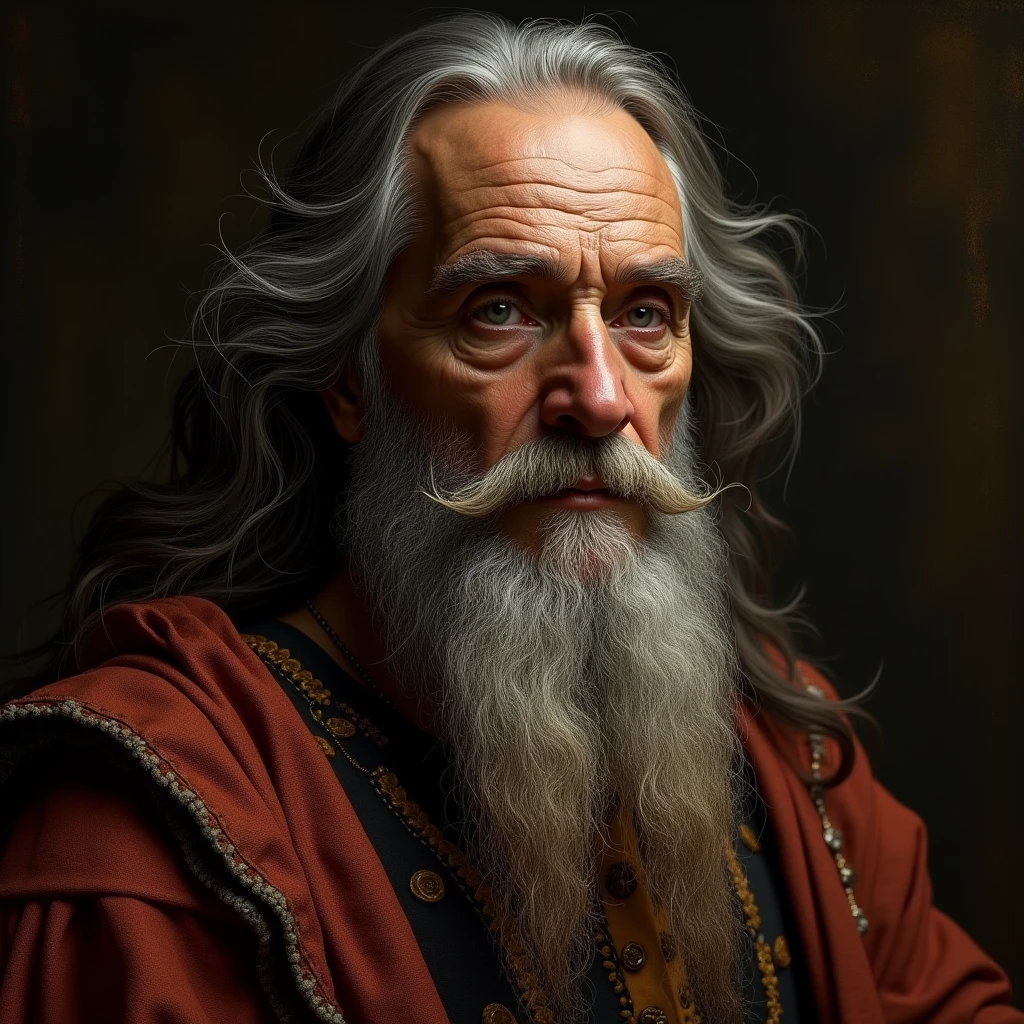 A weathered Leonardo Da Vinci gazes intently from the canvas, seen from the front, his piercing eyes brimming with wisdom and curiosity. His long, flowing beard and hair, touched by time's silver brush, frame a face etched with the stories of a remarkable life. Dramatic chiaroscuro lighting sculpts his features, casting deep shadows that accentuate the intricate landscape of wrinkles and age spots on his skin. The master's expressive visage exudes a quiet strength, his penetrating stare seeming to look beyond the viewer into the depths of human understanding. Textured Renaissance-era clothing drapes his form, its rich fabrics and intricate patterns a testament to his era and status. The scene breathes with cinematic quality, every detail rendered in stunning 8K resolution. The portrait captures not just Da Vinci's likeness, but the very essence of his genius, blending hyperrealistic detail with the timeless aura of a classical painting. Muted earth tones dominate the palette, punctuated by glimmers of light that dance across the canvas, evoking the atmosphere of a 15th-century studio. This masterpiece stands as a bridge between eras, marrying the techniques of the old masters with the precision of modern digital art.