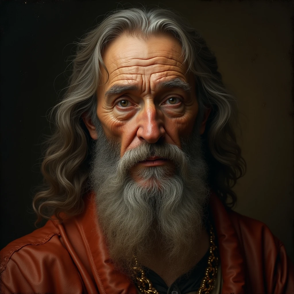 A weathered Leonardo Da Vinci gazes intently from the canvas, seen from the front, his piercing eyes brimming with wisdom and curiosity. His long, flowing beard and hair, touched by time's silver brush, frame a face etched with the stories of a remarkable life. Dramatic chiaroscuro lighting sculpts his features, casting deep shadows that accentuate the intricate landscape of wrinkles and age spots on his skin. The master's expressive visage exudes a quiet strength, his penetrating stare seeming to look beyond the viewer into the depths of human understanding. Textured Renaissance-era clothing drapes his form, its rich fabrics and intricate patterns a testament to his era and status. The scene breathes with cinematic quality, every detail rendered in stunning 8K resolution. The portrait captures not just Da Vinci's likeness, but the very essence of his genius, blending hyperrealistic detail with the timeless aura of a classical painting. Muted earth tones dominate the palette, punctuated by glimmers of light that dance across the canvas, evoking the atmosphere of a 15th-century studio. This masterpiece stands as a bridge between eras, marrying the techniques of the old masters with the precision of modern digital art.