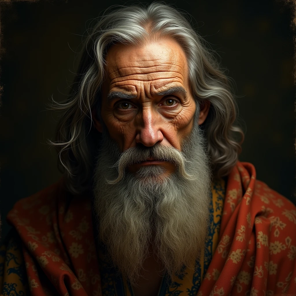 A weathered Leonardo Da Vinci gazes intently from the canvas, seen from the front, his piercing eyes brimming with wisdom and curiosity. His long, flowing beard and hair, touched by time's silver brush, frame a face etched with the stories of a remarkable life. Dramatic chiaroscuro lighting sculpts his features, casting deep shadows that accentuate the intricate landscape of wrinkles and age spots on his skin. The master's expressive visage exudes a quiet strength, his penetrating stare seeming to look beyond the viewer into the depths of human understanding. Textured Renaissance-era clothing drapes his form, its rich fabrics and intricate patterns a testament to his era and status. The scene breathes with cinematic quality, every detail rendered in stunning 8K resolution. The portrait captures not just Da Vinci's likeness, but the very essence of his genius, blending hyperrealistic detail with the timeless aura of a classical painting. Muted earth tones dominate the palette, punctuated by glimmers of light that dance across the canvas, evoking the atmosphere of a 15th-century studio. This masterpiece stands as a bridge between eras, marrying the techniques of the old masters with the precision of modern digital art.