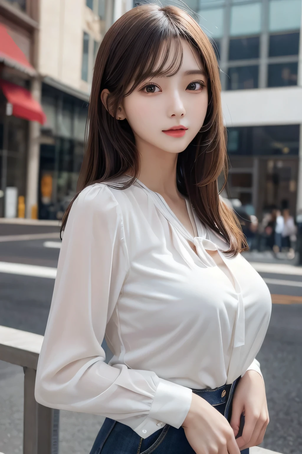 One Girl, 1 person,Highest quality,High resolution,超High resolution,8k,Realistic,Upper Body,encounter_audience,Large Breasts, the body is slim,(blouse:1.2)