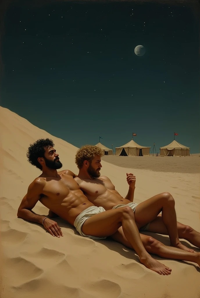 Two men lying sideways on the sand, one behind the other, baroque painting+muslim_art fullbody portrait, an arabian prince, cinnamon skin green eyes, wavy black hair, thin face, slender toned body, body hair, beautiful face, next to a young viking, blond, blue eyes, muscular beautiful face, strong, masculine perfect proportions, white skin innocent look, ((both men naked shirtless pantless barefoot)) in the mesopotamian desert in the night dynamic movement composition in the background dunes, tents, stars,, south cruce so romantic
