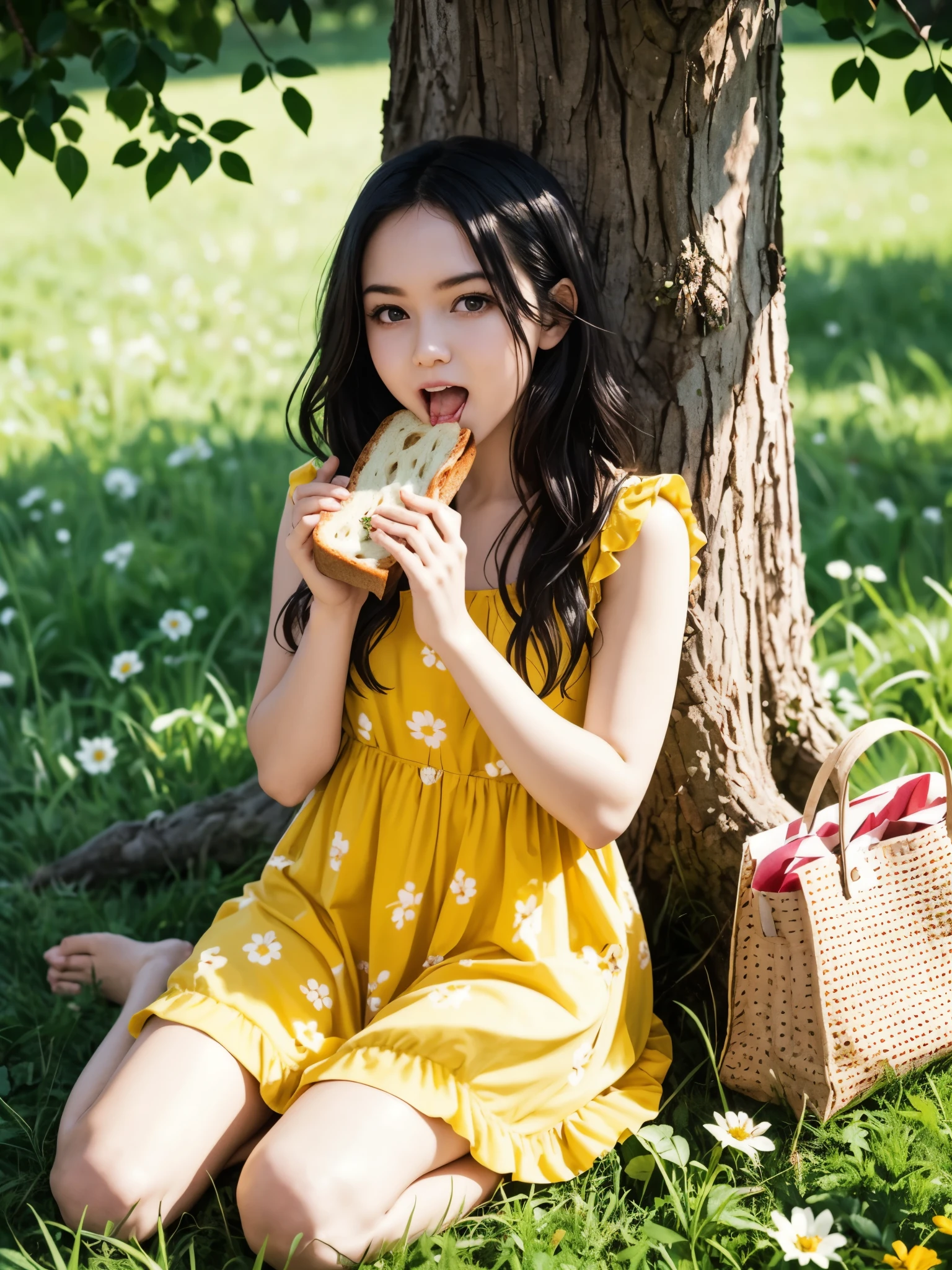 girl, sitting, under a tree, on grass ground, eating and holding a bread sandwhiches close to her mouth, looking at viewer, open mouth, dappled sunlight, long flowing black hair, flower styled yellow dress, (young, cute:1.4), breasts, a paper bag full of bread besides her,