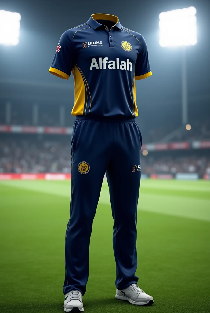 Best cricket Jersey and trouser kits navy blue and black dark yellow combo write on Alfalah more 