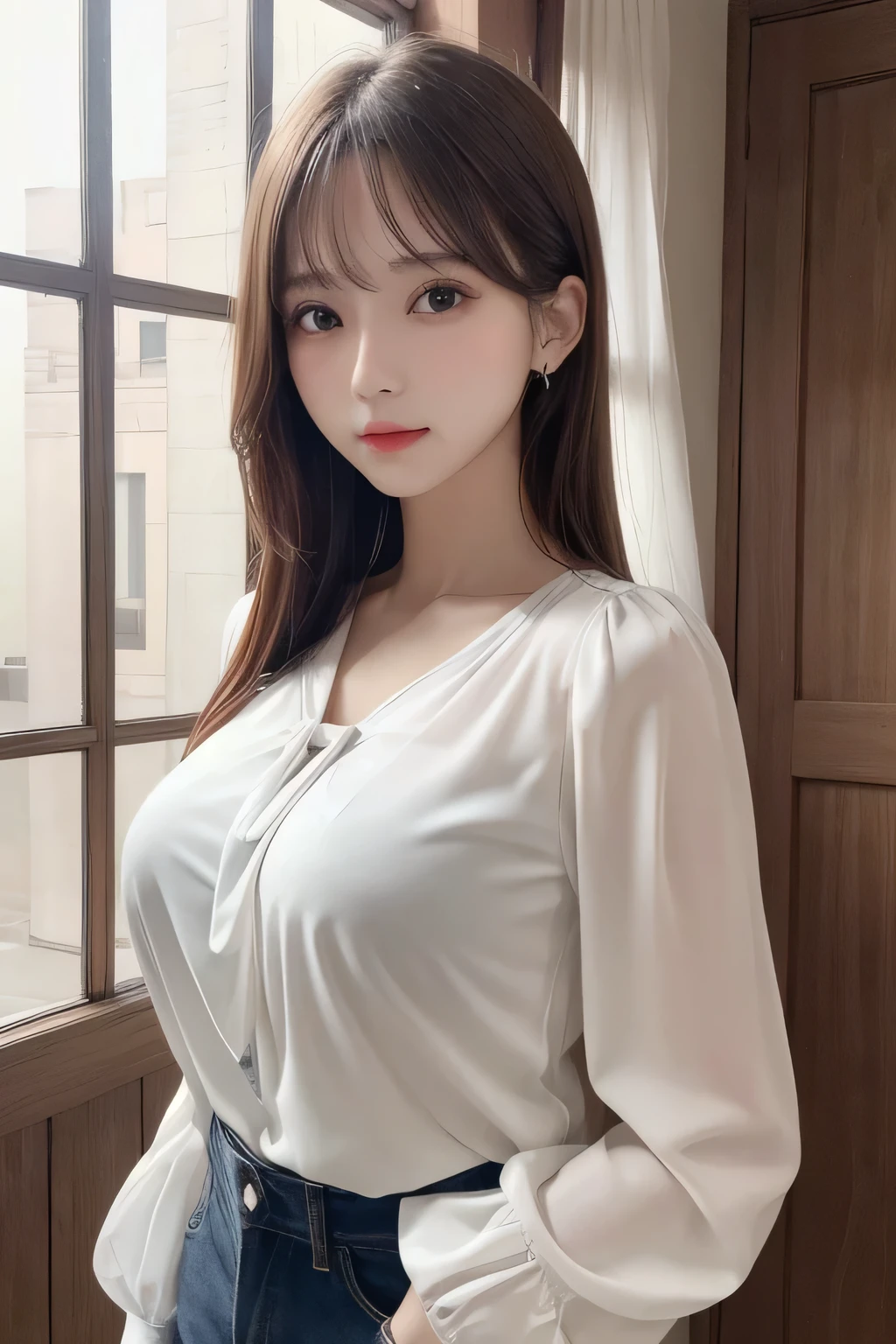 One Girl, 1 person,Highest quality,High resolution,超High resolution,8k,Realistic,Upper Body,encounter_audience,Large Breasts, the body is slim,(blouse:1.2)