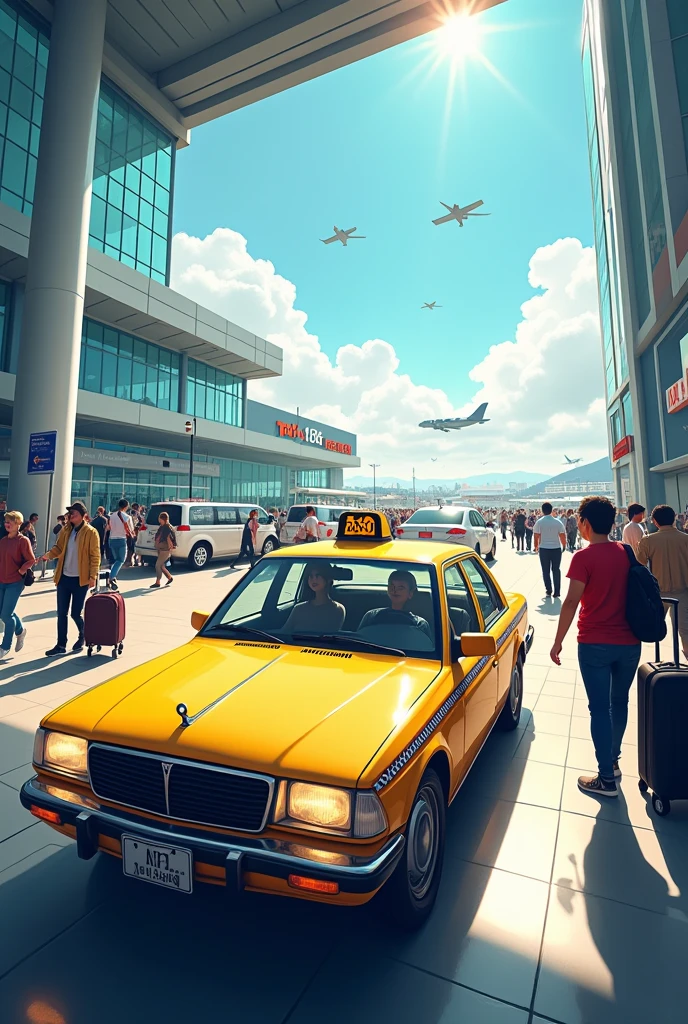 Create the image of A taxi picking up passengers at the airport entrance.
