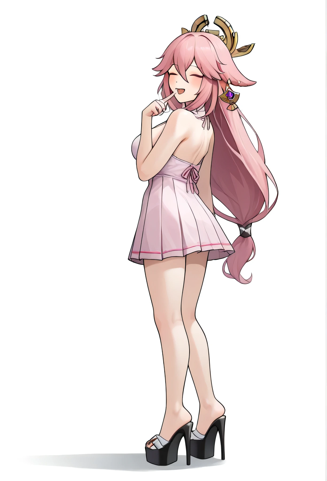 score_9,score_8_most,score_7_most,Bachong, alone, finger_To_Mouth closed, Pink_chemise, Pink_theme, Schmucklos_backdrop, 1 girl, long_sleeve, open_Mouth closed, pleated_rocks, breasts, seek_at_Toschauer, Pink_sweater, White_backdrop, White_chemise, Pink_Ribbon, sleeve_Past_wrists, highres, absurdeste, sleeveless_sweater, platform high heels, Body from behind