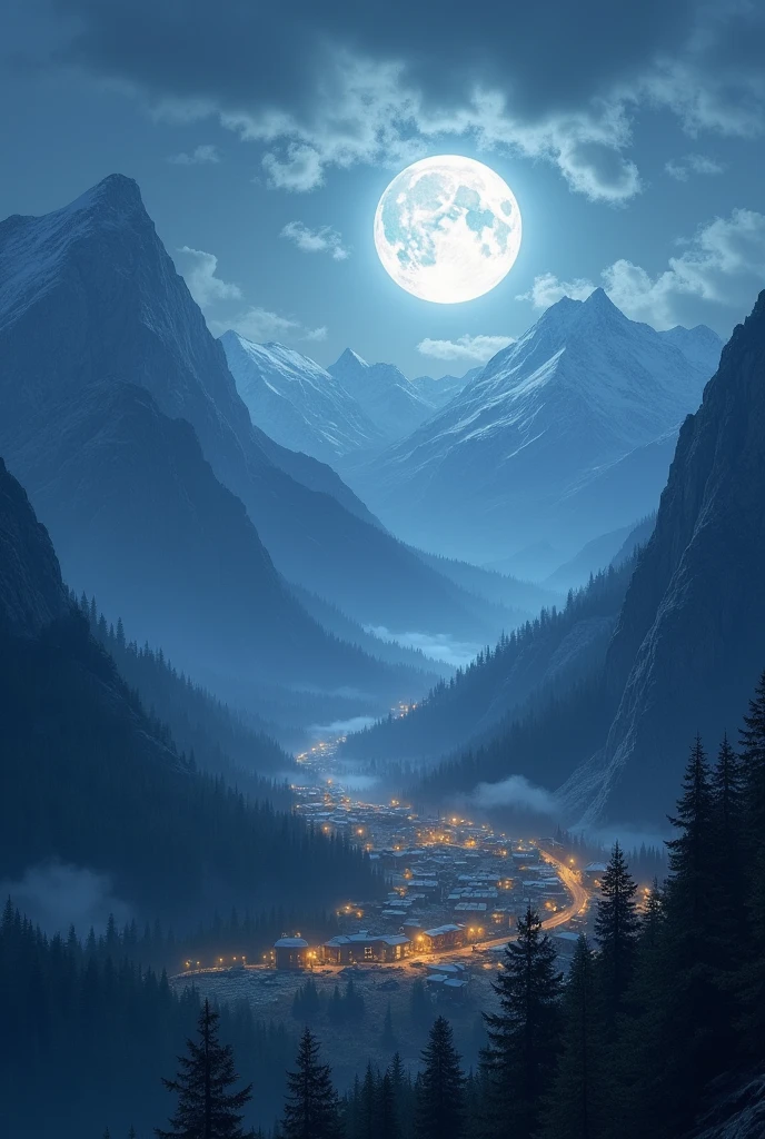 full moon, view from the mountain, giving light to the small town