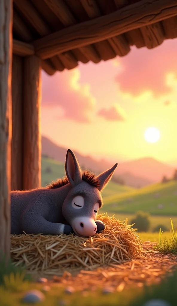 Draw a donkey sleeping peacefully on a pile of straw in a roofed stable on a farm. The farm should be picturesque and detailed, with green fields and a sunrise sky with soft orange and pink tones, in a 3D animated style.
