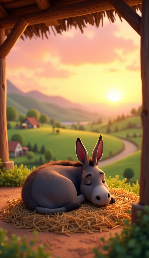 Draw a donkey sleeping peacefully on a pile of straw in a roofed stable on a farm. The farm should be picturesque and detailed, with green fields and a sunrise sky with soft orange and pink tones, in a 3D animated style.