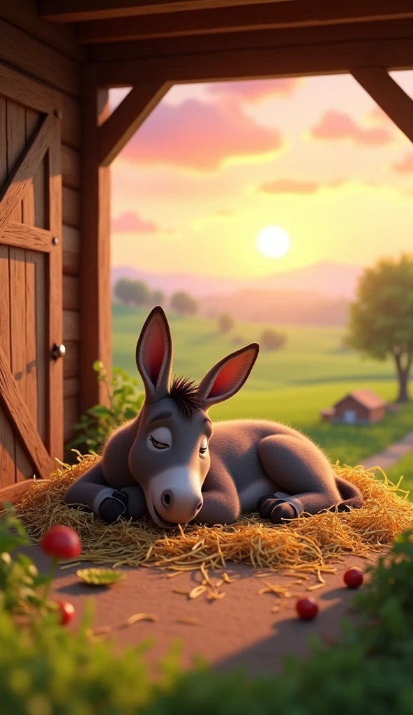 Draw a donkey sleeping peacefully on a pile of straw in a roofed stable on a farm. The farm should be picturesque and detailed, with green fields and a sunrise sky with soft orange and pink tones, in a 3D animated style.