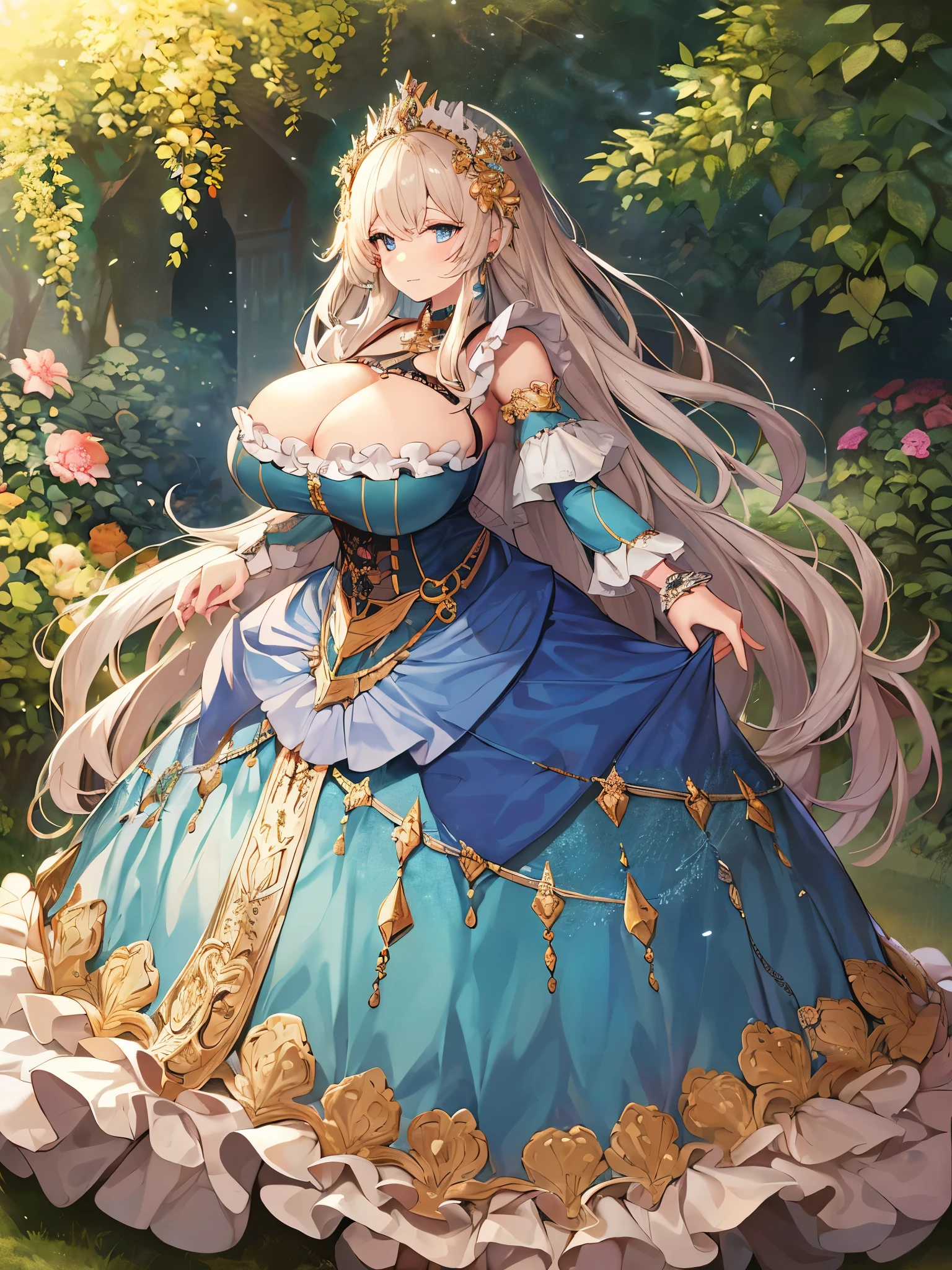 moe anime artstyle,Masterpiece,Best Quality,Super Detail,(Very Delicate and Beautiful),Solo,full body,((full body portrait)),absurdly gigantic tits,(((1 absurdly gigantic breast princess in beautiful embroidery and jeweled gorgeous rococo ballgown with voluminous full length crinoline hoop skirt))),(((absurdly gigantic tits,absurdly gigantic breast))),deep cleavage,curvy,Skindentation,((detailed face and eyes)),jewel-like eyes,((crinoline,long train)),beautiful embroidery and jeweled rococo ballgown with voluminous full length crinoline hoop skirt,voluminous rococo ballgown with voluminous full length crinoline hoop skirt,((bling-bling voluminous rococo princess ballgown with voluminous full length crinoline hoop skirt)),((absurdly long Straight hair)),extremely gorgeous hair ornament,((extremely gorgeous big tiara)),luxurious jewelry,(((beautiful embroidery and jeweled gorgeous rococo ballgown with voluminous full length crinoline hoop skirt))),(absurdly gigantic tits,absurdly gigantic breast),(((outdoor,garden))),Looking at viewer,((full body))