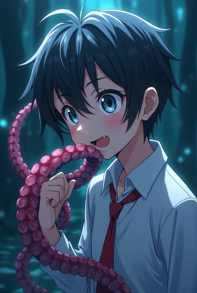 Highres, Masterpiece, Best quality at best,Best Quality,hight quality, hight detailed, (1boy, Boy),Shota, Hentai, Tentacle, Tentacle sex, The tentacle was licking his penis, Tentacle in mouth, erection, Sleep on the floor, (very boy), (very small and short body), 12-ye-olys, S cut hair, Sweat