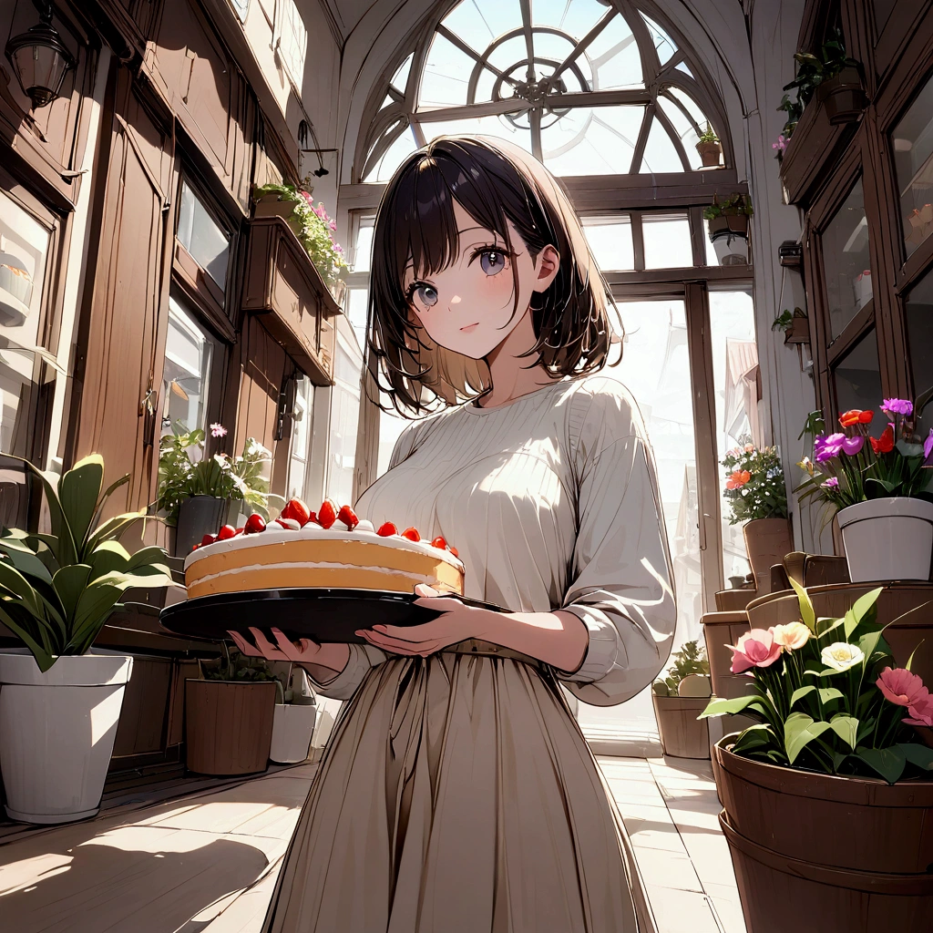 Woman in light-colored casual clothing, Holding a tray with cake in hand. chic, Soft atmosphere. Soft Light. A cake shop with many potted plants and colorful flowers in the background,White or predominantly white decor,High resolution, Ultra Wide Angle, movie, movie撮影, Super detailed, Super detailedな, Soft Light,