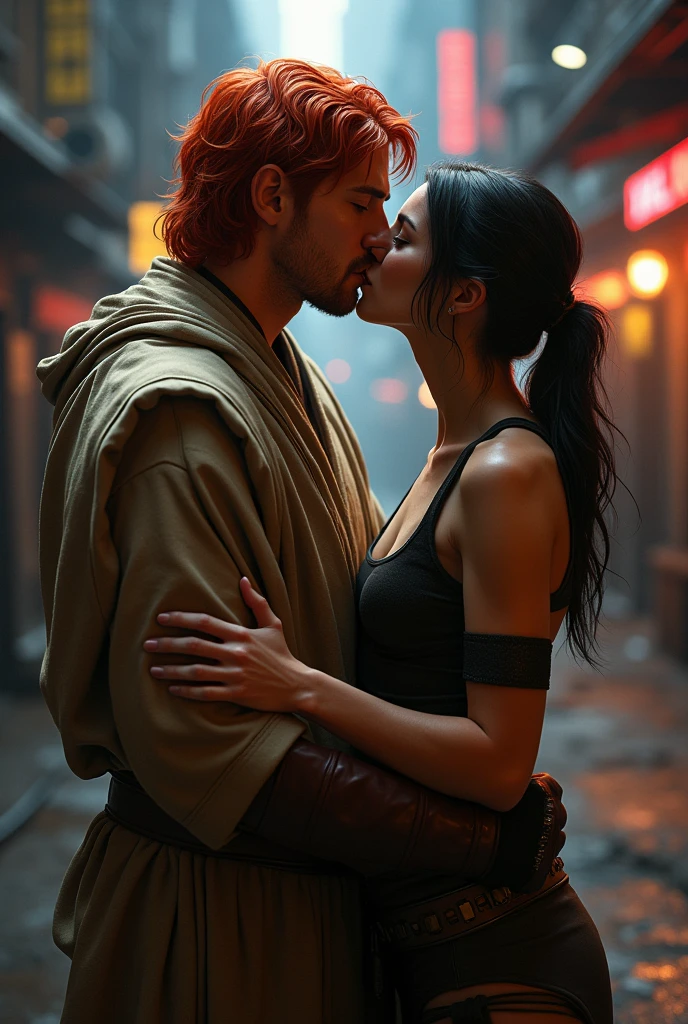 Male Red haired Jedi hugs a female blackhaired bounty hunter very tight, their lips intertwined and his hand on her cheek