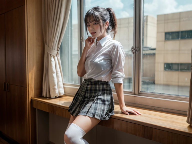 (8k, RAW Photos, Highest quality, masterpiece:1.2), (Professional photography, Full Color, Studio-level color grading), (High-end fashion magazine gravure quality), (2 girls), breakld girl, (Fluffy ponytail:1.2), Big Natural Color Lip, Plump body, (Smooth Skin:1.1), Huge , break, (Collared shirt:1.1), Pleated skirt, Knee-high socks, break, Hotel Rooms, cute , Hata