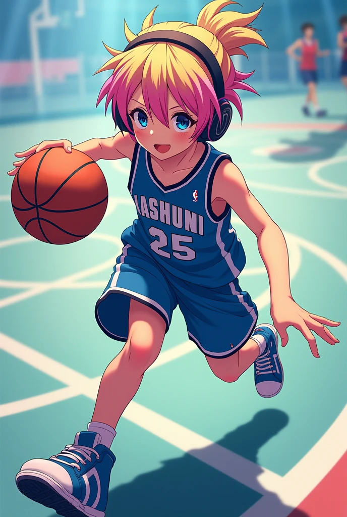 Wallpaper of Anime character playing basketball and wearing headphones