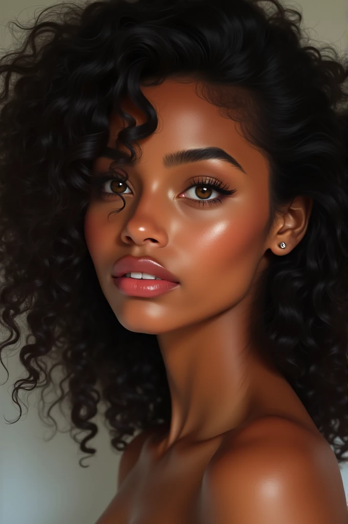 young woman, Curly and black hair, honey-colored eyes, pink lips, skin black