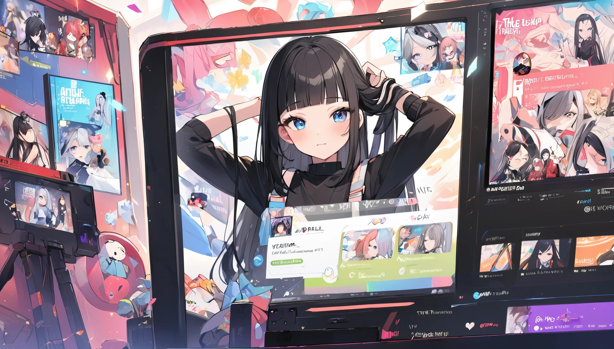 I play at music habs、iDOL、Japanese sword、rifle、Tying up hair、gun、Virtual Character Design,Black Hair、blunt bangs、Straight Hair, face, Modern design, 1 female,Sexy concept,
A Vtuber livestream scene featuring a Japanese Vtuber with long black hair and blue eyes, wearing a black outfit with some red accents and multiple accessories. The Vtuber has a serious yet slightly playful expression and is adjusting her hair with both hands. The screen shows the Vtuber on the right side, with a lively chat box on the left side, where messages in English and Japanese are visible. The top left corner has the Vtuber’s Twitter handle and hashtag, while the top right displays the current time as 21:53. The overall style is modern and clean, capturing the essence of a real-time Vtuber interaction with a large audience.