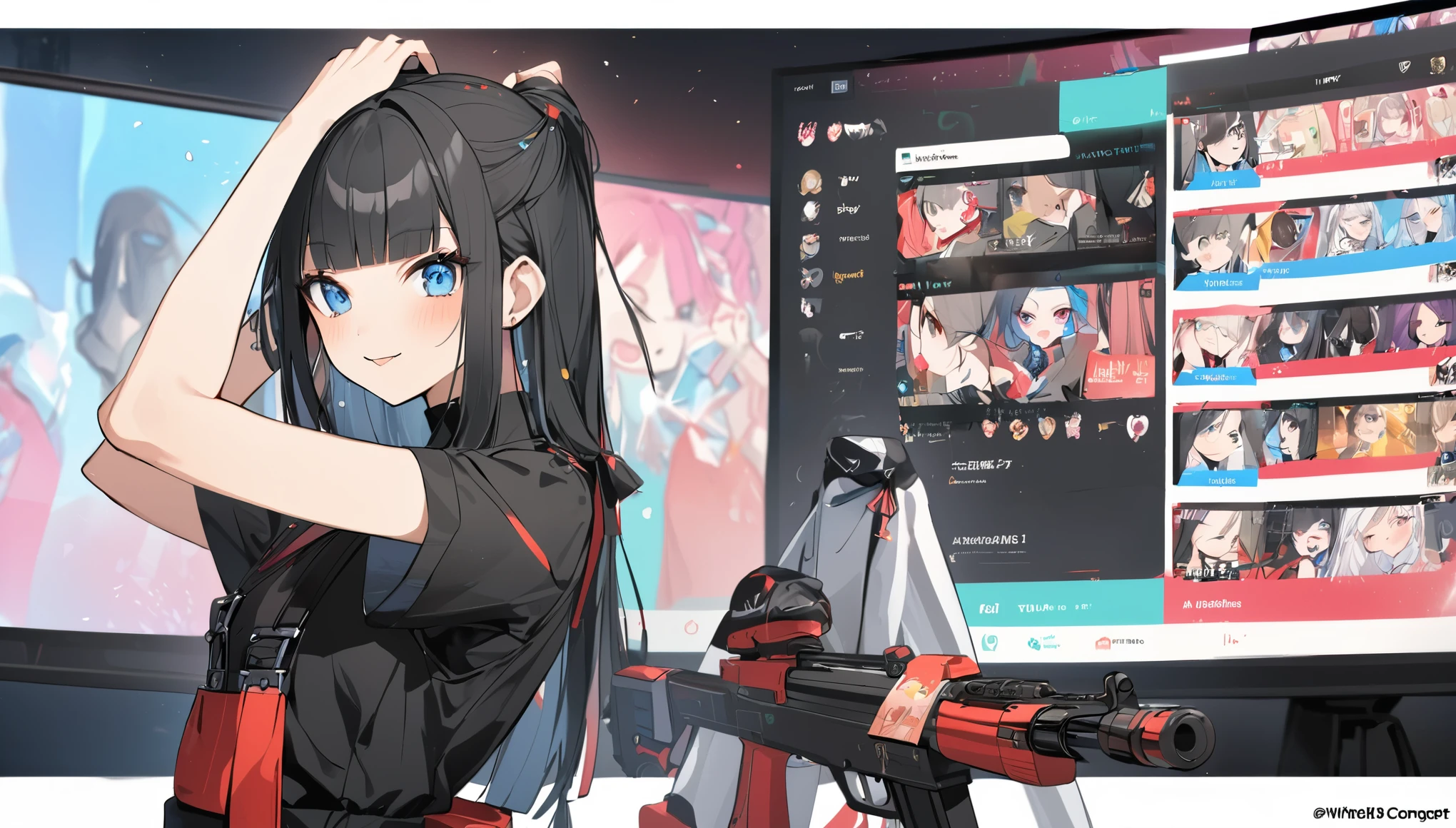 I play at music habs、iDOL、Japanese sword、rifle、Tying up hair、gun、Virtual Character Design,Black Hair、blunt bangs、Straight Hair, face, Modern design, 1 female,Sexy concept,
A Vtuber livestream scene featuring a Japanese Vtuber with long black hair and blue eyes, wearing a black outfit with some red accents and multiple accessories. The Vtuber has a serious yet slightly playful expression and is adjusting her hair with both hands. The screen shows the Vtuber on the right side, with a lively chat box on the left side, where messages in English and Japanese are visible. The top left corner has the Vtuber’s Twitter handle and hashtag, while the top right displays the current time as 21:53. The overall style is modern and clean, capturing the essence of a real-time Vtuber interaction with a large audience.