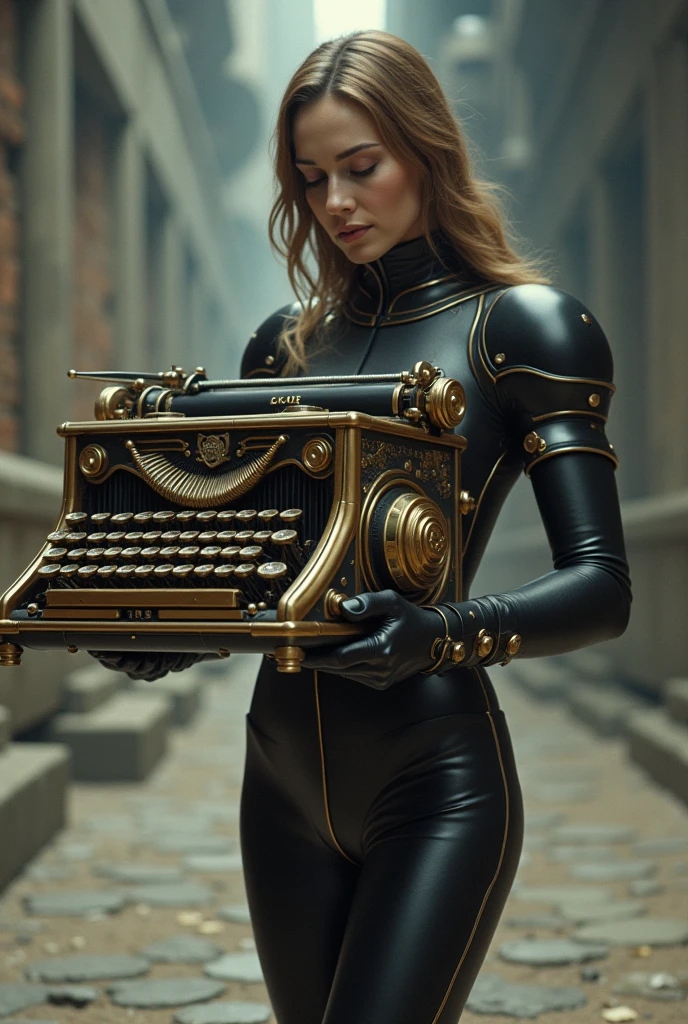 Typewriter-shaped time machine in the hands of a time traveler wearing a special time travel suit.