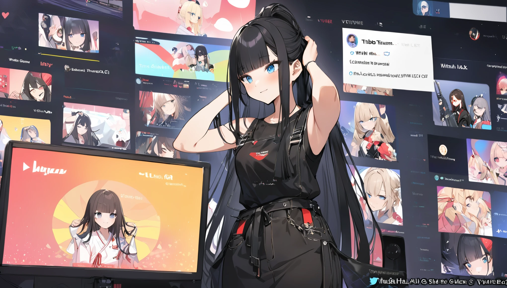 I play at music habs、iDOL、Japanese sword、rifle、Tying up hair、gun、Virtual Character Design,Black Hair、blunt bangs、Straight Hair, face, Modern design, 1 female,Sexy concept,
A Vtuber livestream scene featuring a Japanese Vtuber with long black hair and blue eyes, wearing a black outfit with some red accents and multiple accessories. The Vtuber has a serious yet slightly playful expression and is adjusting her hair with both hands. The screen shows the Vtuber on the right side, with a lively chat box on the left side, where messages in English and Japanese are visible. The top left corner has the Vtuber’s Twitter handle and hashtag, while the top right displays the current time as 21:53. The overall style is modern and clean, capturing the essence of a real-time Vtuber interaction with a large audience.