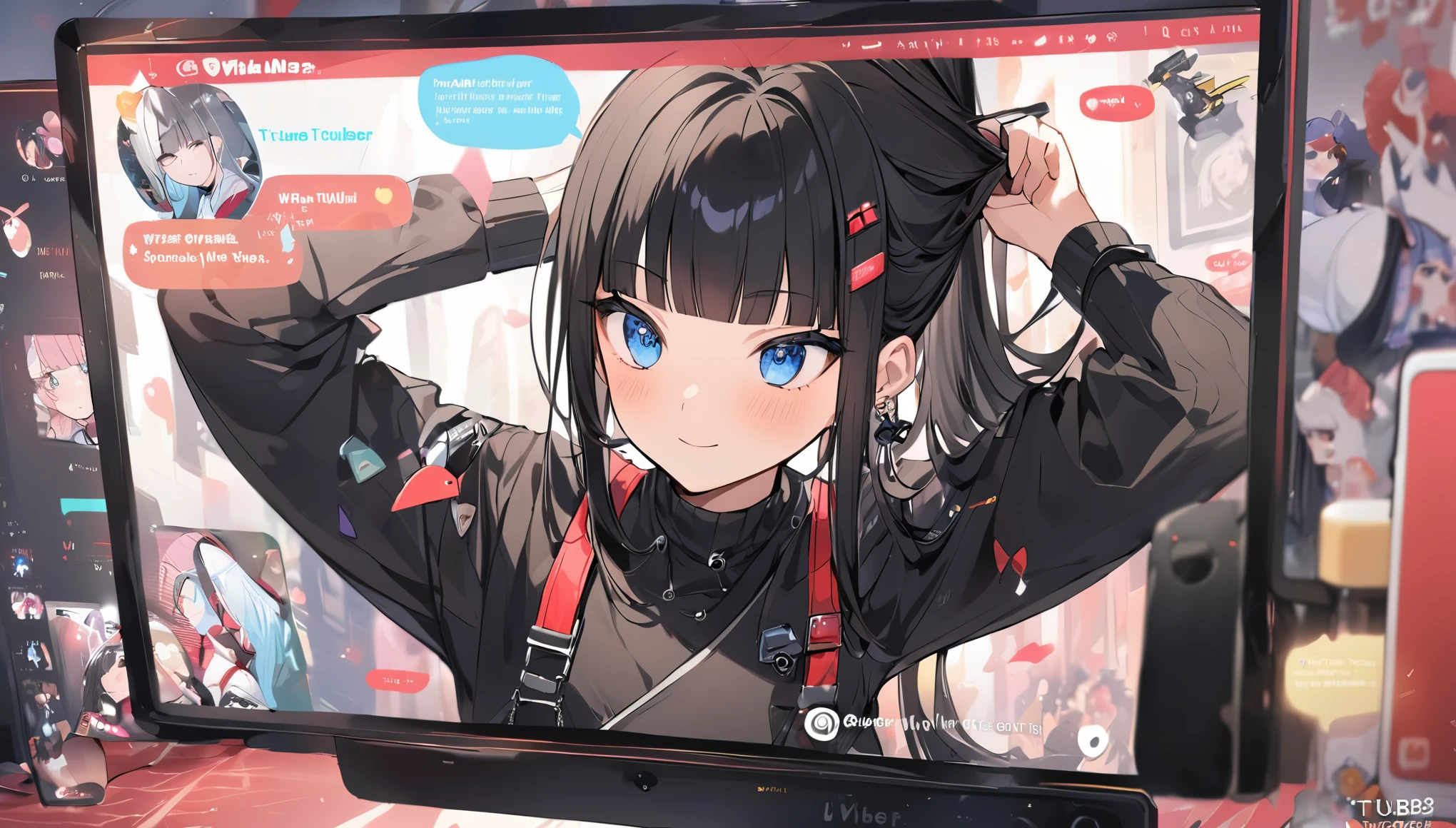 I play at music habs、iDOL、Japanese sword、rifle、Tying up hair、gun、Virtual Character Design,Black Hair、blunt bangs、Straight Hair, face, Modern design, 1 female,Sexy concept,
A Vtuber livestream scene featuring a Japanese Vtuber with long black hair and blue eyes, wearing a black outfit with some red accents and multiple accessories. The Vtuber has a serious yet slightly playful expression and is adjusting her hair with both hands. The screen shows the Vtuber on the right side, with a lively chat box on the left side, where messages in English and Japanese are visible. The top left corner has the Vtuber’s Twitter handle and hashtag, while the top right displays the current time as 21:53. The overall style is modern and clean, capturing the essence of a real-time Vtuber interaction with a large audience.