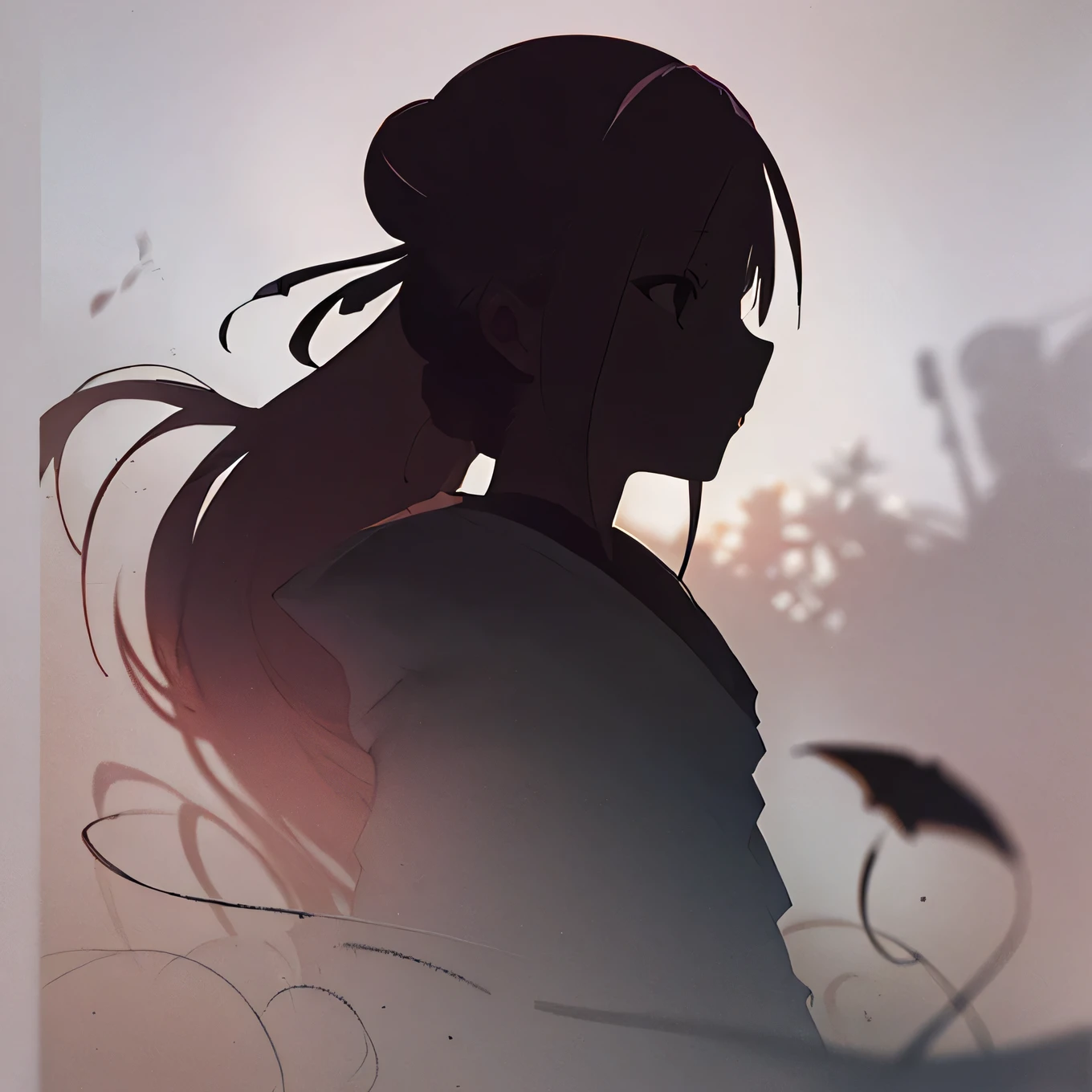 1 person、(((silhouette:1.3)))、 (Hair Ribbon:0.4),,(((Bun Hair))),(((Long Hair))),Kunimi Tama,(Face close-up),Blacksmithing、leaf、rose、Abstract、Zhou Haoguang、(Blurred Background、Blurred foreground、Depth of written boundary:1.3)、Swirling Mist、Iridescent mist、Traditional Texture、Dripping