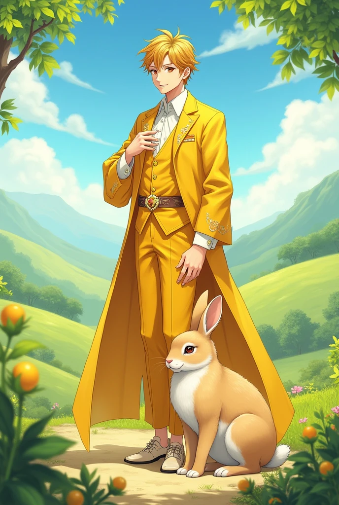 (anime)
Create the prince of fruits A sweet-looking human man dressed in yellow accompanied by his pet, a rabbit