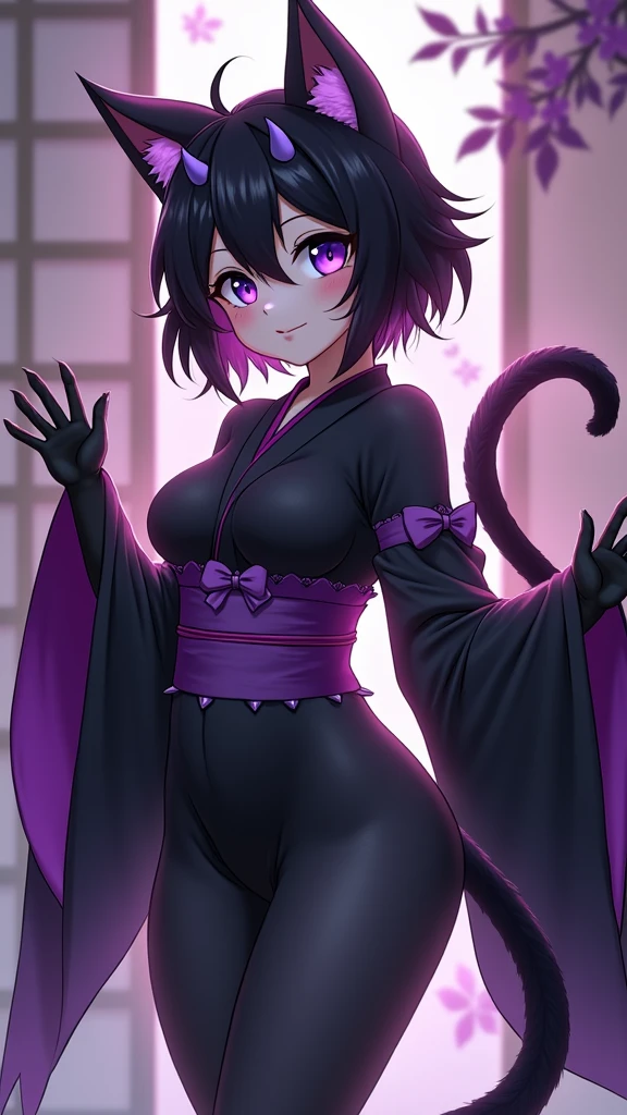furry cat girl , small cat ears, fur covered succubus tail, medium sized breasts, blue slightly violet colored cat eyes, thin slit irises, thin iris, violet mist aura, small closed lip smile, body, black kimono laced with dark purple linen, angle on the left side, furry body, black fur, violet claws, furry person, paws, cat face, muzzle, Japanese background, paws, demonic violet aura, long hair, silky hair, straight hair, black fur covering entire body, Multiple tails, small purple demon horns, toe-beans on paws, purple claws, visible paw pads, cute, magical violet aura, black fur, purple gemstone kimono, 9 cat tails. Furry Wings, Medium sized Wings, flying, camera facing the back, back visible.high quality, (RAW photo, best quality), (realistic, photorealistic: 1.4), (extremely delicate and beautiful: 1.4), amazing, fine details, masterpiece, ultra detailed, high resolution, best illustration, best shadow, intricate, ( extremely intricate: 1.2), (exquisitely detailed skin), cinematic light, perfect anatomy, (cool color: 1.4), sharp focus, 8k UHD, DSLR, (Fujifilm XT3),(estilo cinematográfico :1.4), (efectos cinematográfico :1.4), (colores cinematográfico)